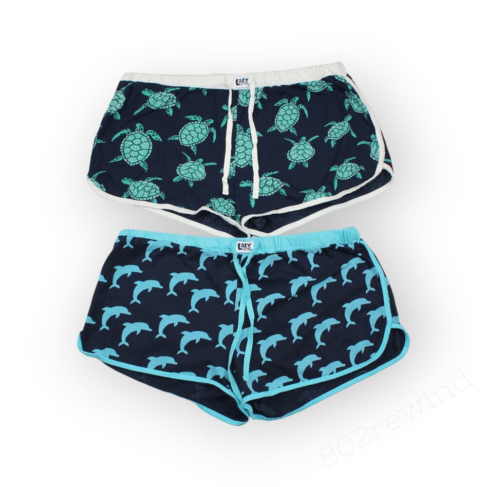 2 Pair Lazy One Womens Boxer Shorts Set Large Cotton Turtles Dolphins Navy